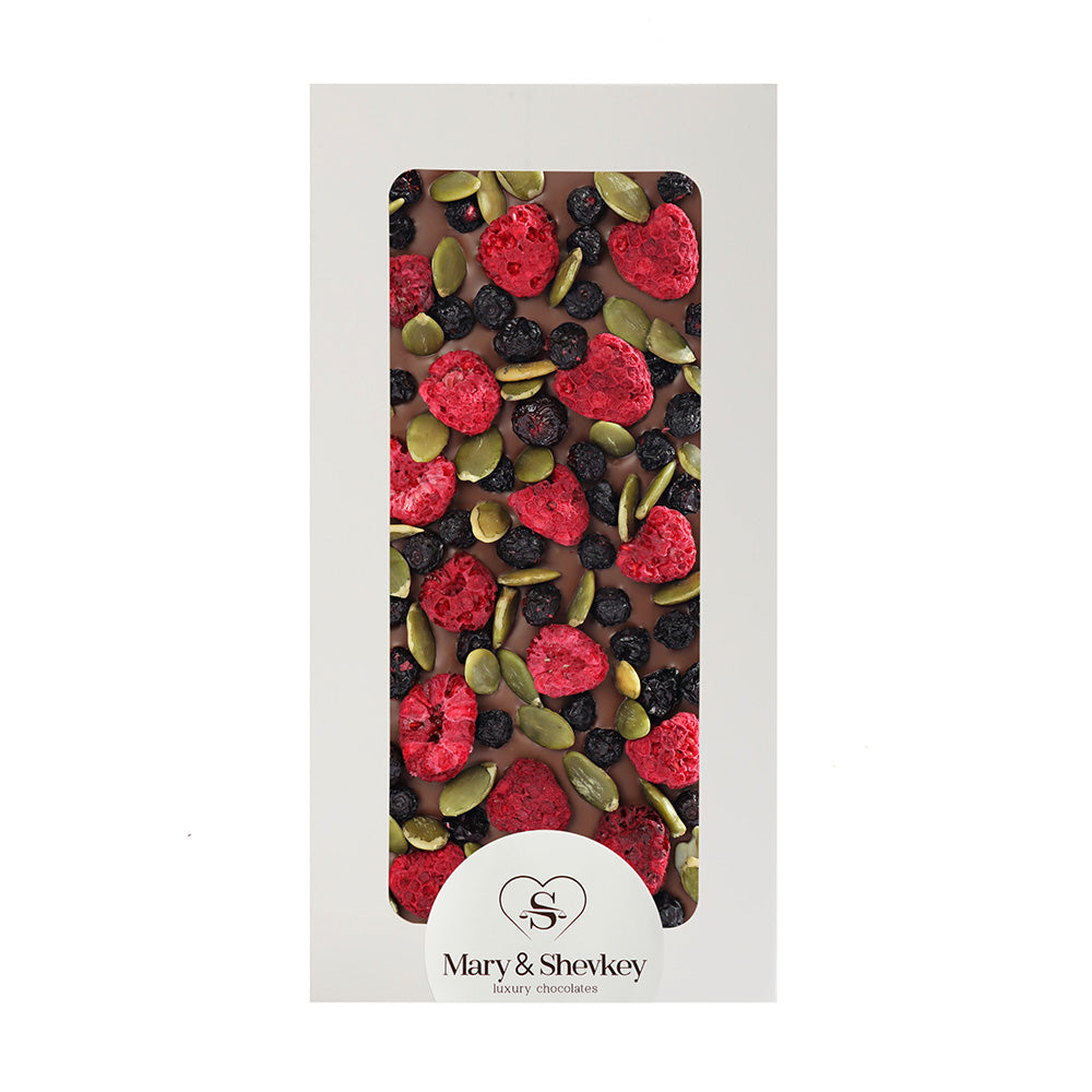 Couverture Chocolate Bar with Pumpkin Seeds, Blueberries and Raspberries, Forest Fruit Flavored Couverture Chocolate 115g
