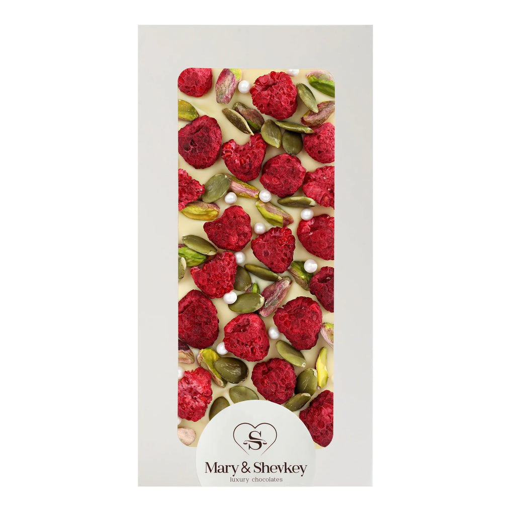 Couverture Chocolate Bar with Pumpkin Seed Pearls (Sugar), Pistachios and Raspberries - Luxury Fruity Chocolate 115g