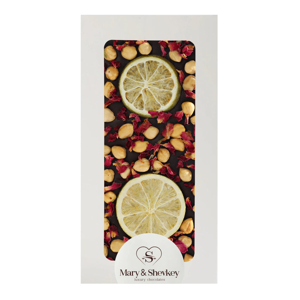 Couverture Chocolate Bar with Rose Petals, Hazelnuts and Lime (Freeze Dried) 110g
