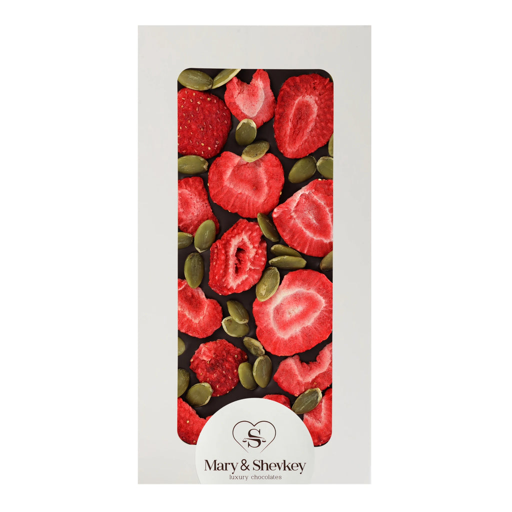 Couverture Chocolate Bar with Pumpkin Seed Pearls (Sugar) and Freeze-Dried Strawberries - Luxury Fruity Couverture Chocolate 115g