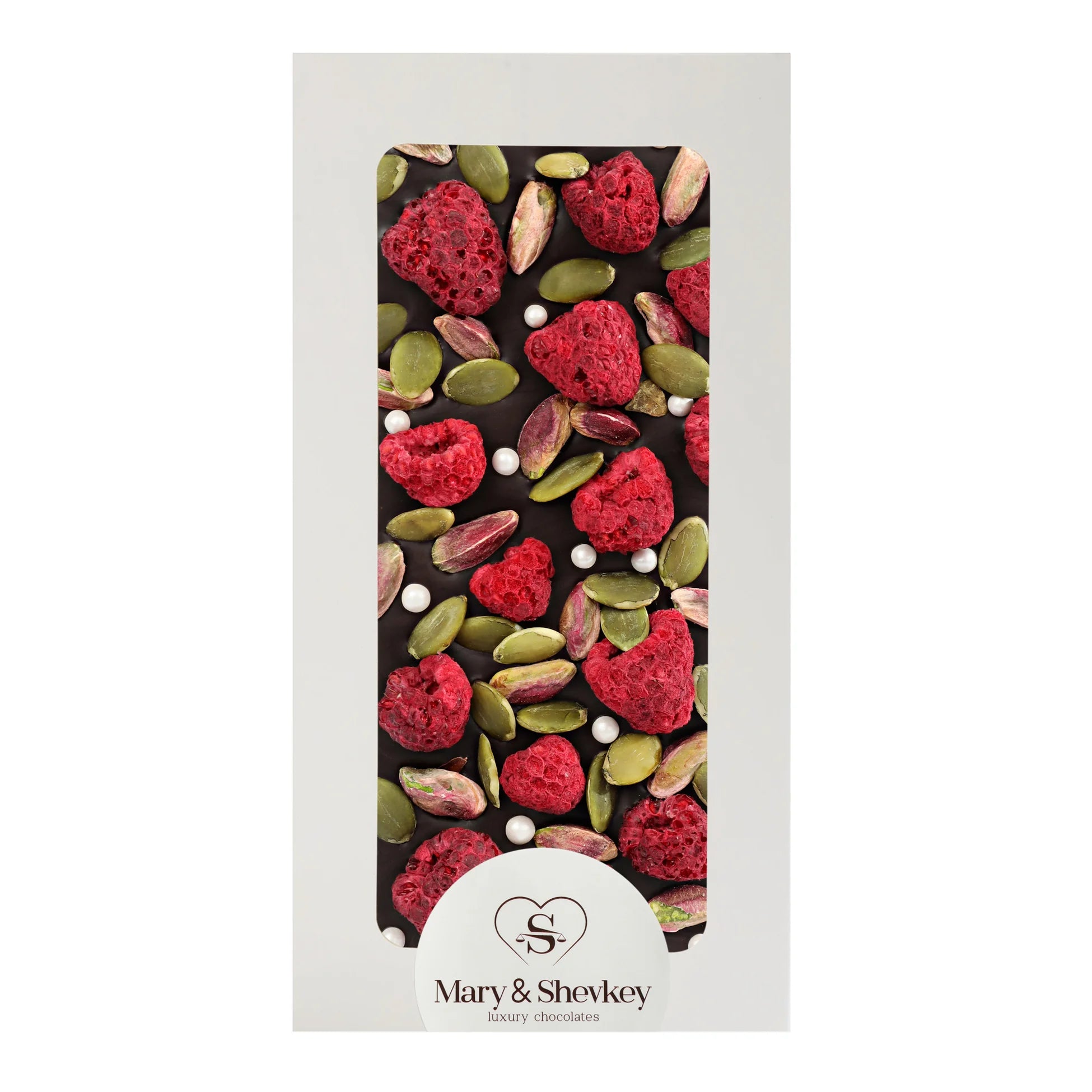 Couverture Chocolate Bar with Pumpkin Seed Pearls (Sugar), Pistachios and Raspberries - Luxury Fruity Chocolate 115g