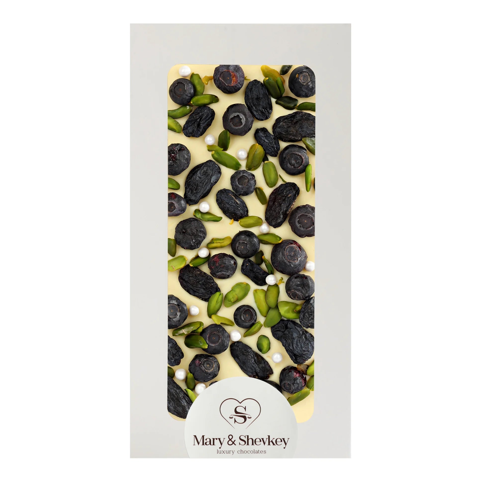 Couverture Chocolate Bar with Pumpkin Seed Pearls (Sugar), Pistachios and Blueberries, 115g