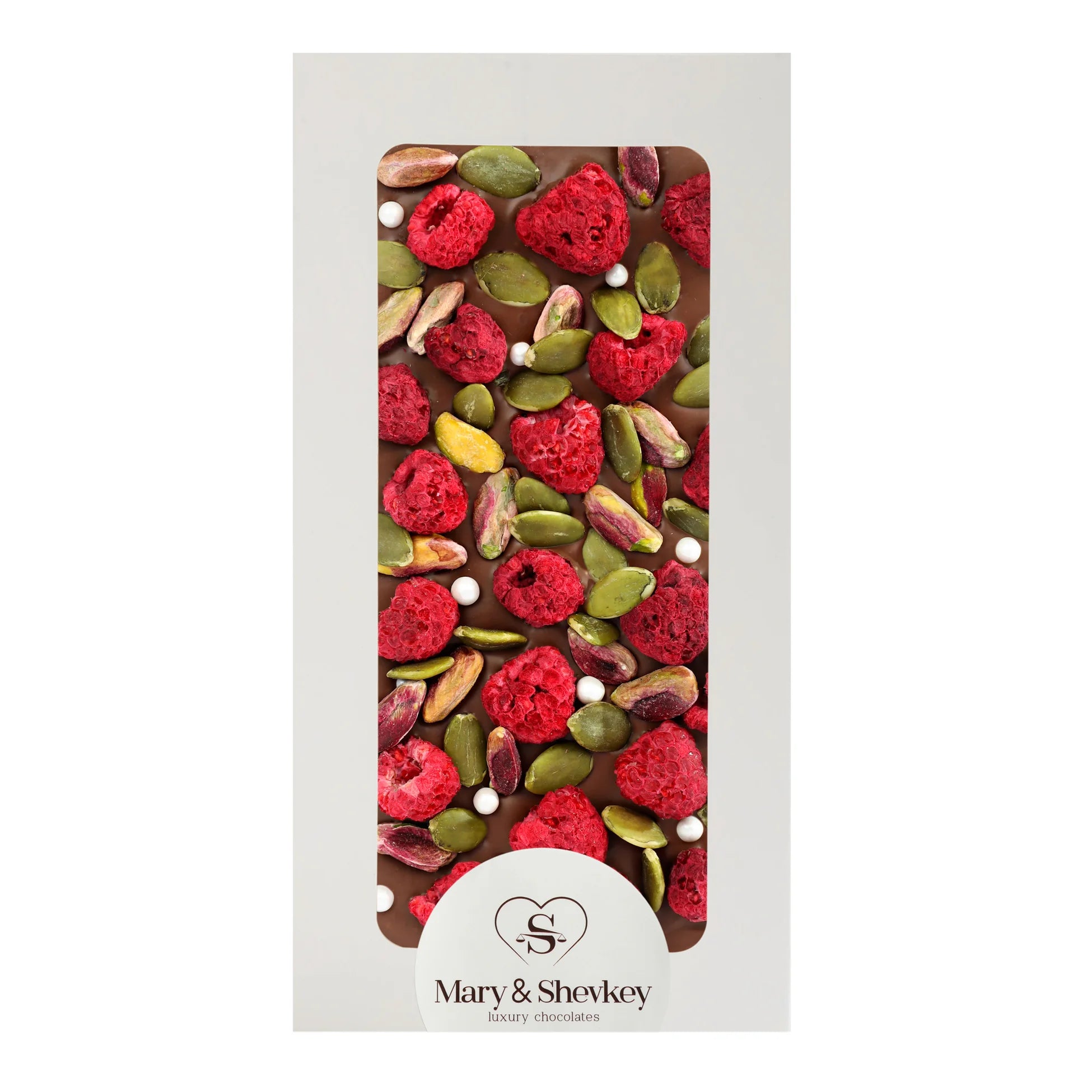 Couverture Chocolate Bar with Pumpkin Seed Pearls (Sugar), Pistachios and Raspberries - Luxury Fruity Chocolate 115g