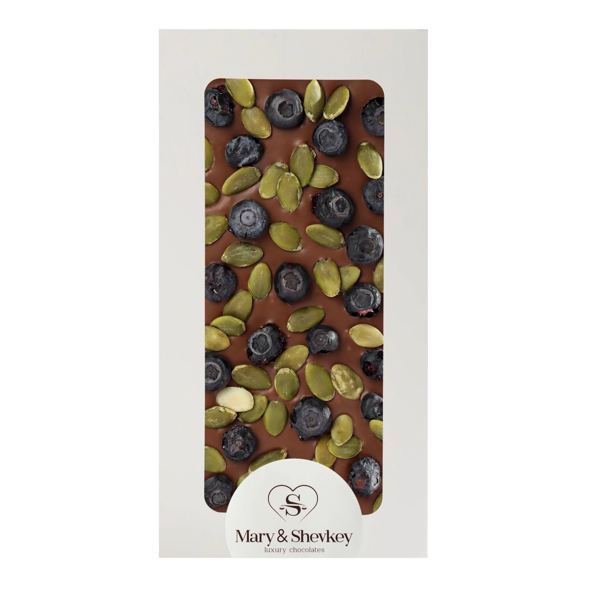 Couverture Chocolate Bar with Pumpkin Seed Pearls (Sugar) and Blueberry Flavored Chocolate 115g
