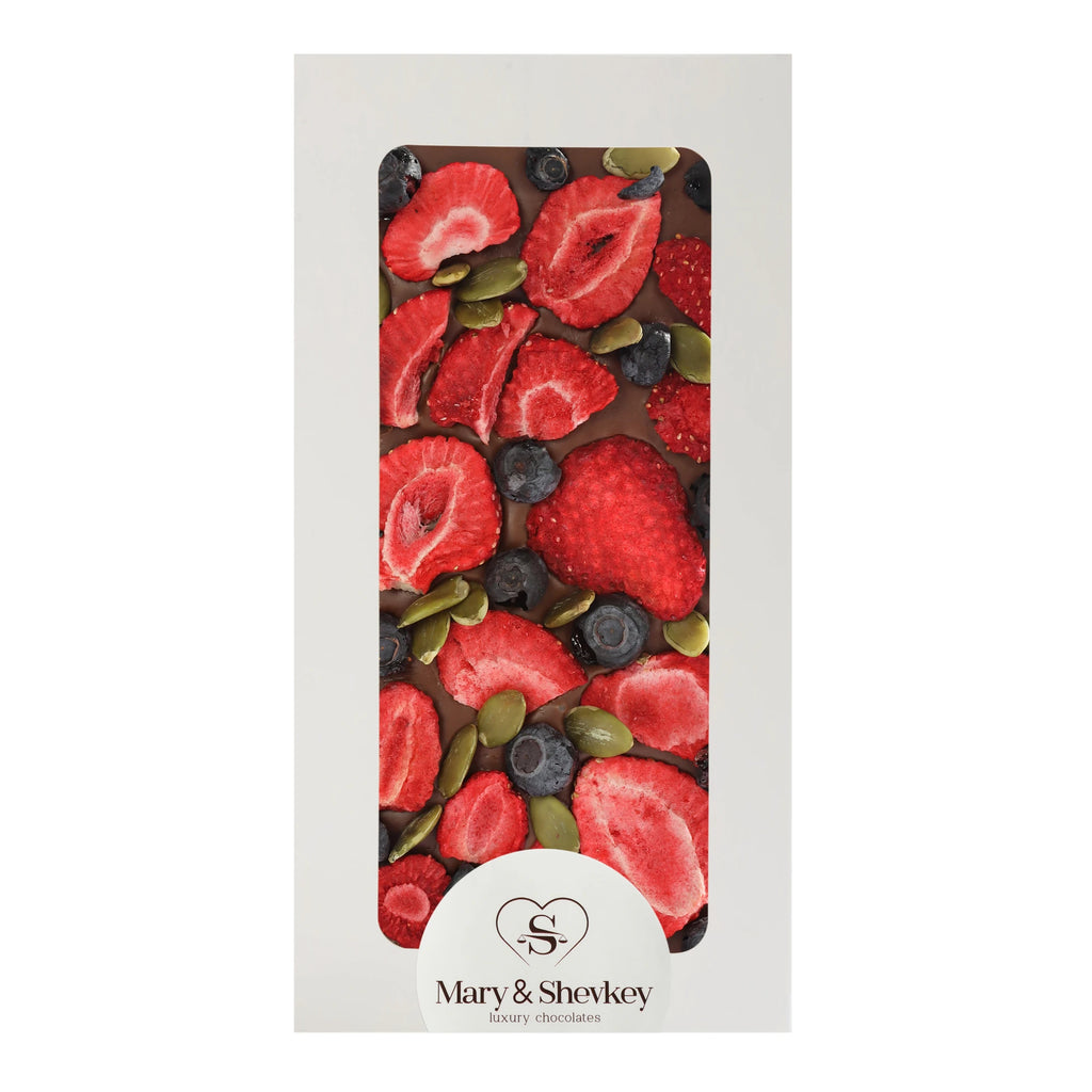 Couverture Chocolate Bar with Pumpkin Seeds, Blueberries and Strawberries (Freeze Dried) - Luxury Fruity Couverture Chocolate 115g