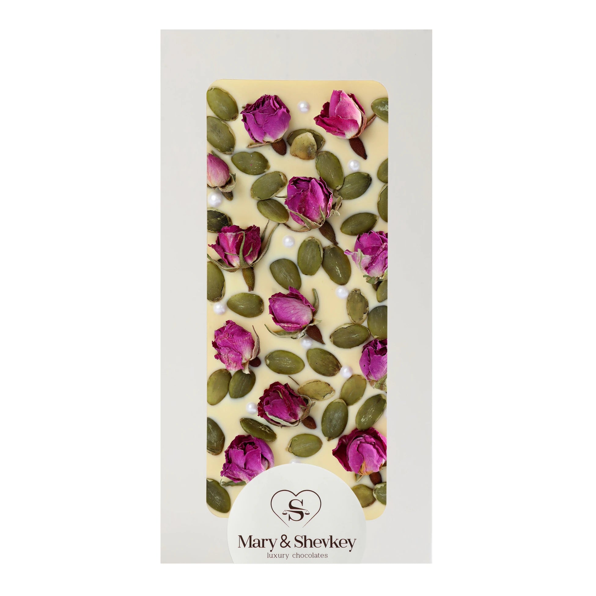Couverture Chocolate Bar with Rose Pearl (Sugar) and Pumpkin Seeds - Nutritious Luxury Couverture Chocolate 115g