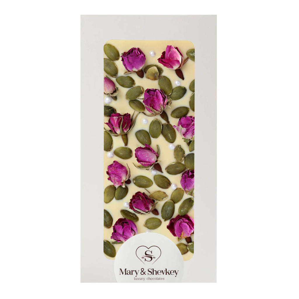 Couverture Chocolate Bar with Rose Pearl (Sugar) and Pumpkin Seeds - Nutritious Luxury Couverture Chocolate 115g