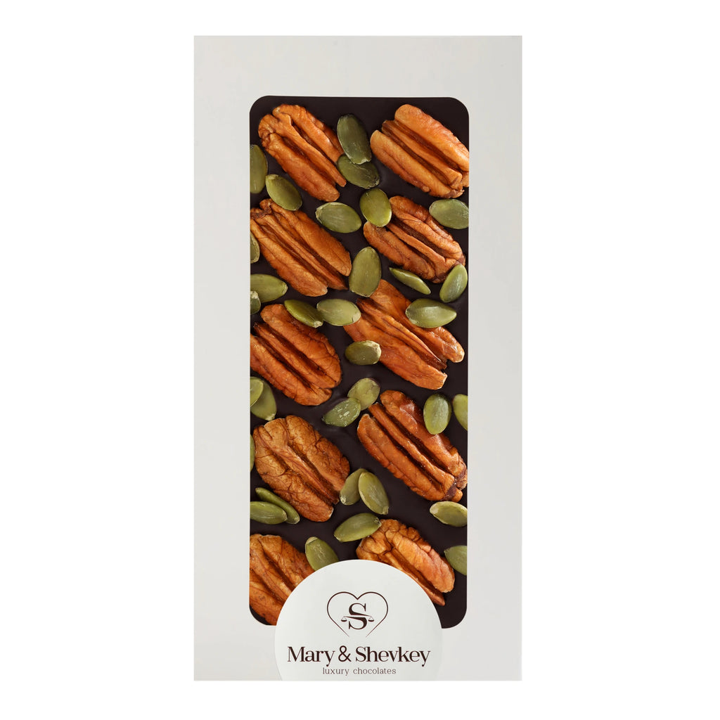 Luxury Couverture Chocolate Bar with Pecans and Pumpkin Seeds, 125g