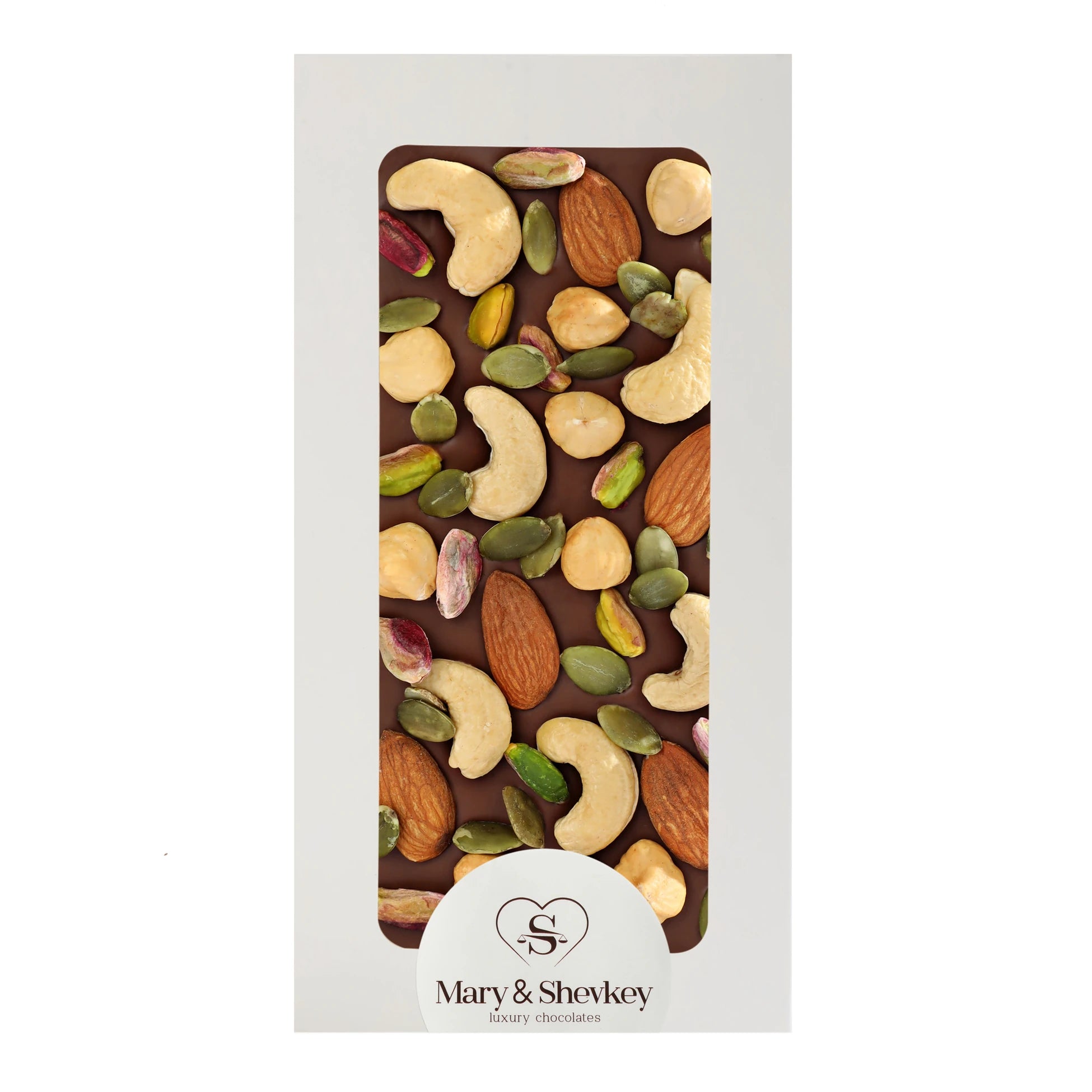Couverture Chocolate Bar Containing Almonds, Cashews, Walnuts, Hazelnuts, Pistachios, and Pumpkin Seeds (130g)