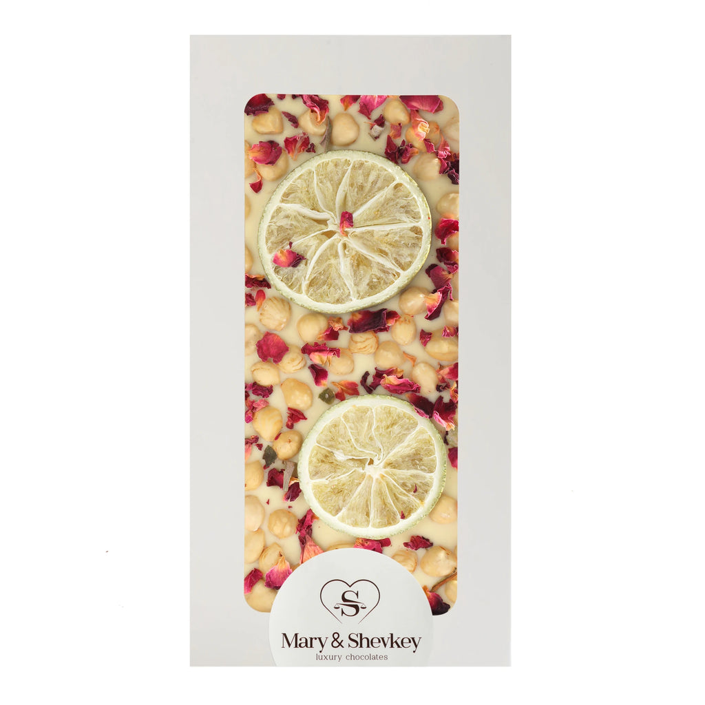 Couverture Chocolate Bar with Rose Petals, Hazelnuts and Lime (Freeze Dried) 110g