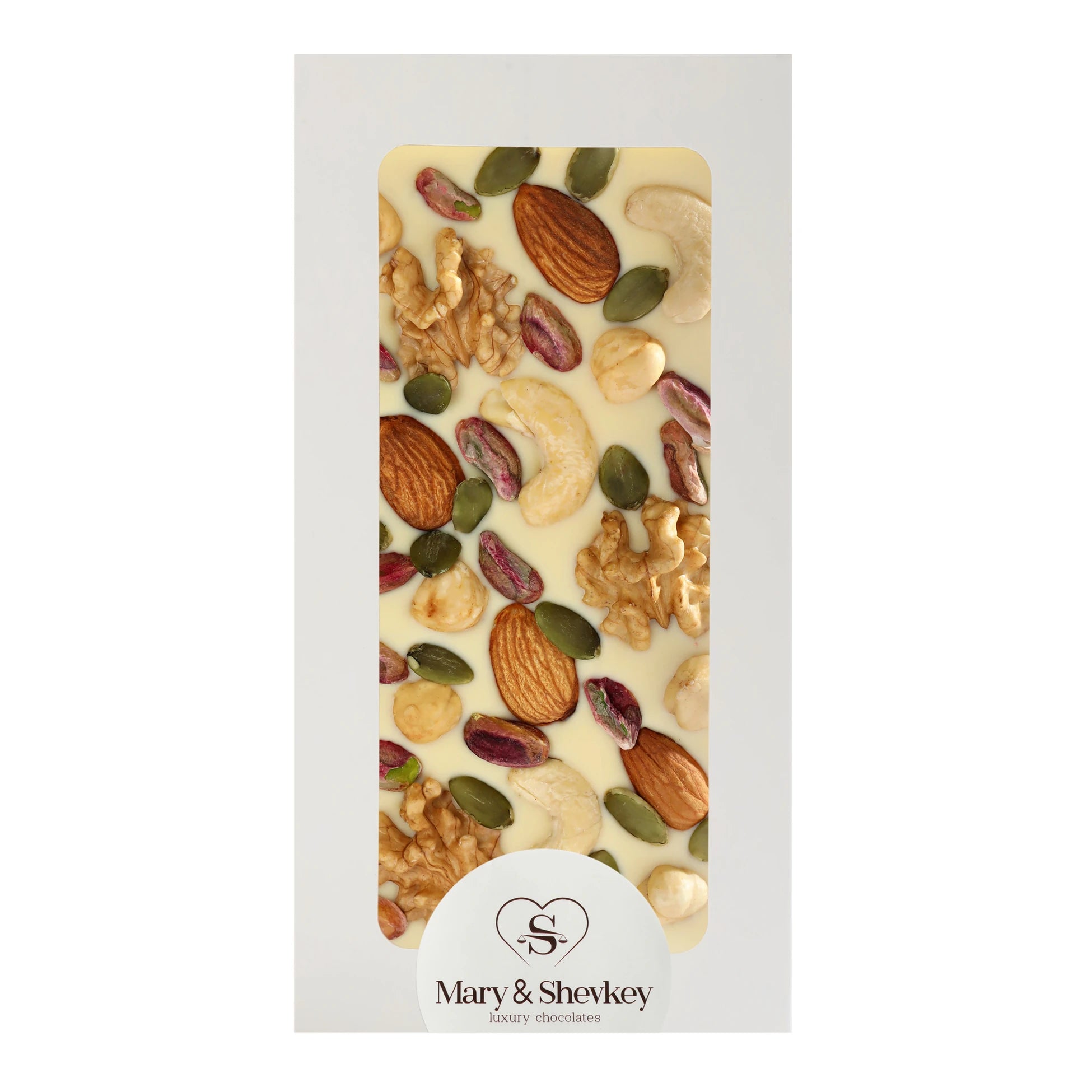 Couverture Chocolate Bar Containing Almonds, Cashews, Walnuts, Hazelnuts, Pistachios, and Pumpkin Seeds (130g)