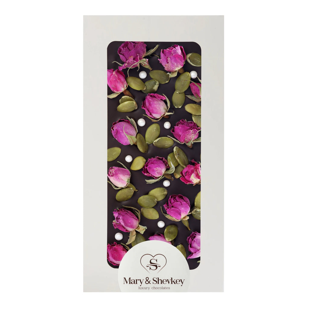 Couverture Chocolate Bar with Rose Pearl (Sugar) and Pumpkin Seeds - Nutritious Luxury Couverture Chocolate 115g