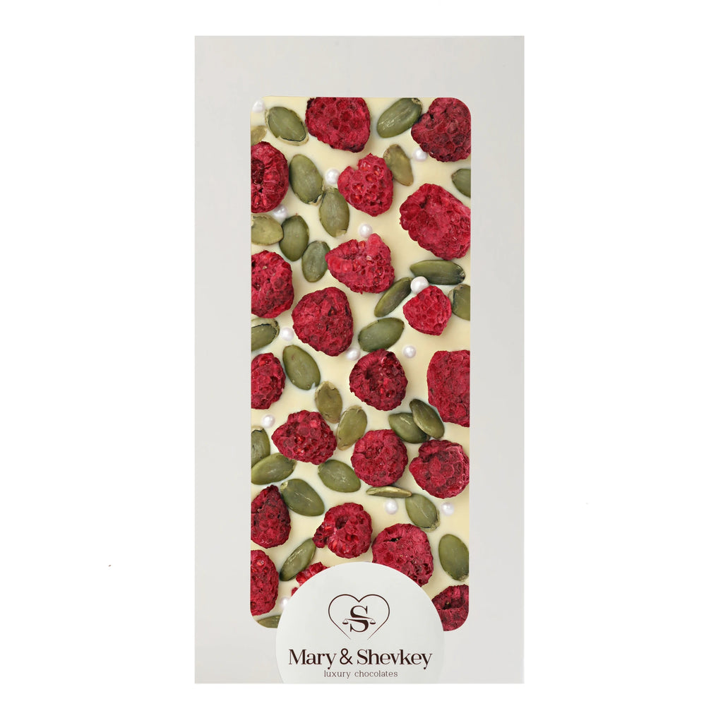 Couverture Chocolate Bar with Pumpkin Seed Pearls (Sugar) and Raspberry Flavor, Luxury Chocolate 115g