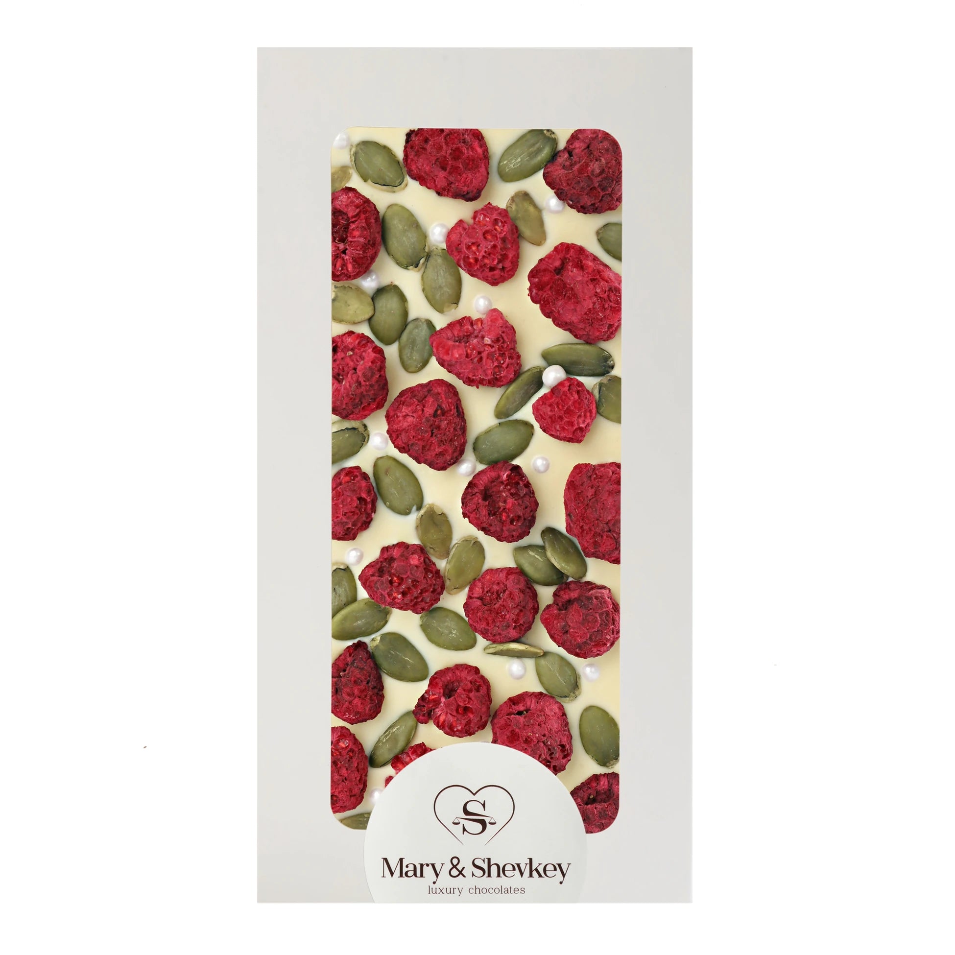 Couverture Chocolate Bar with Pumpkin Seed Pearls (Sugar) and Raspberry Flavor, Luxury Chocolate 115g