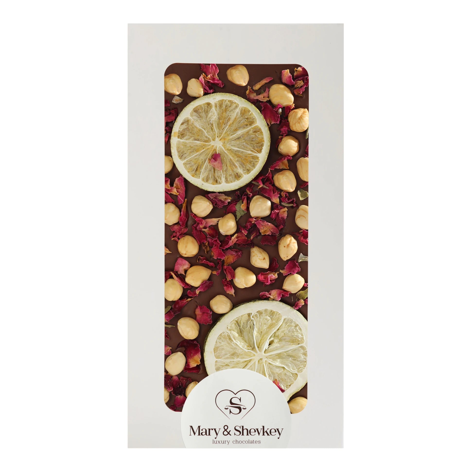 Couverture Chocolate Bar with Rose Petals, Hazelnuts and Lime (Freeze Dried) 110g