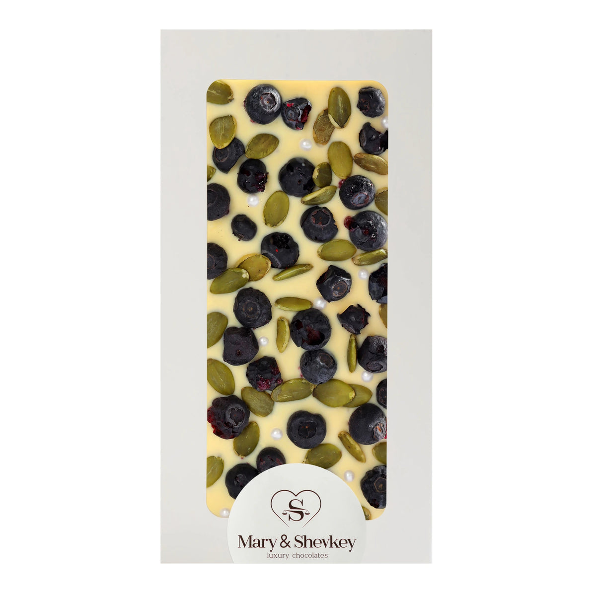 Barra de chocolate de cobertura con perlas de semillas de calabaza (azúcar) y chocolate con sabor a arándanos 115 g
