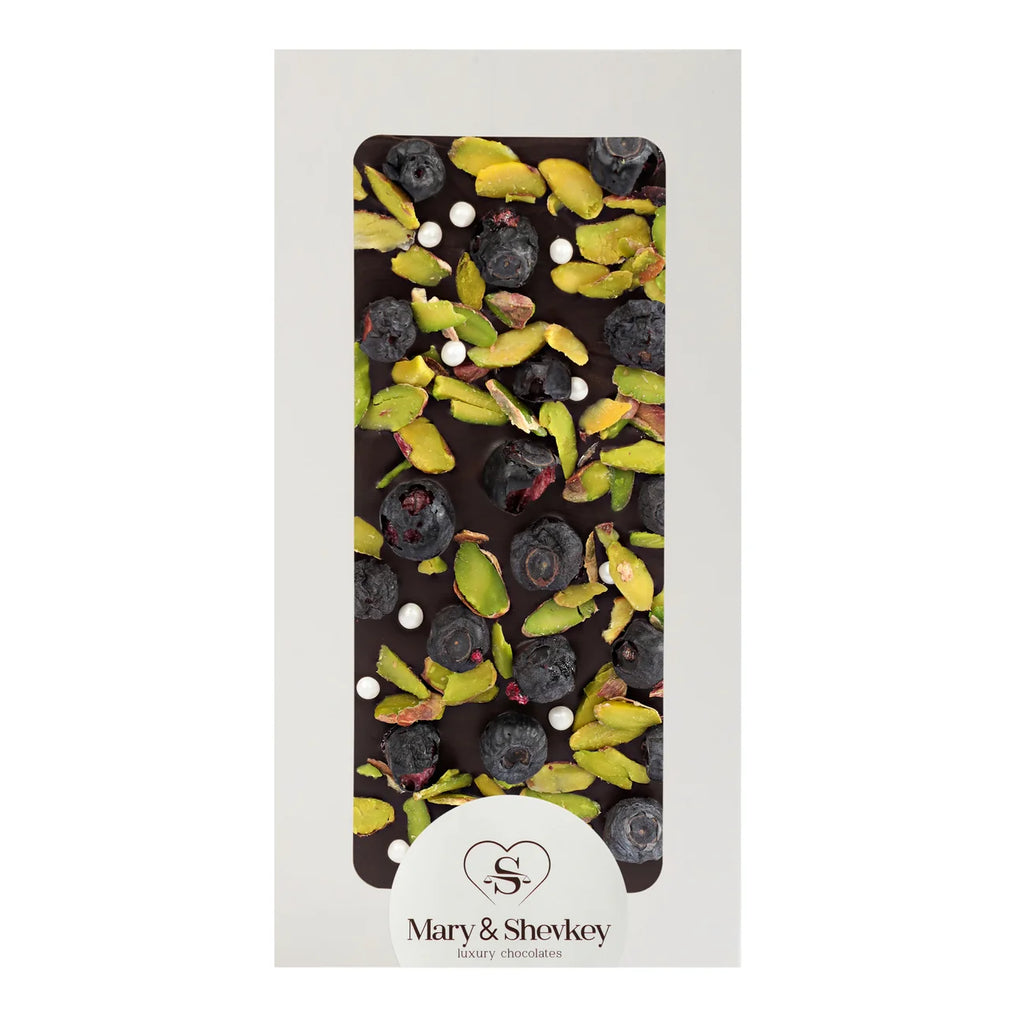 Couverture Chocolate Bar with Pumpkin Seed Pearls (Sugar), Pistachios and Blueberries, 115g