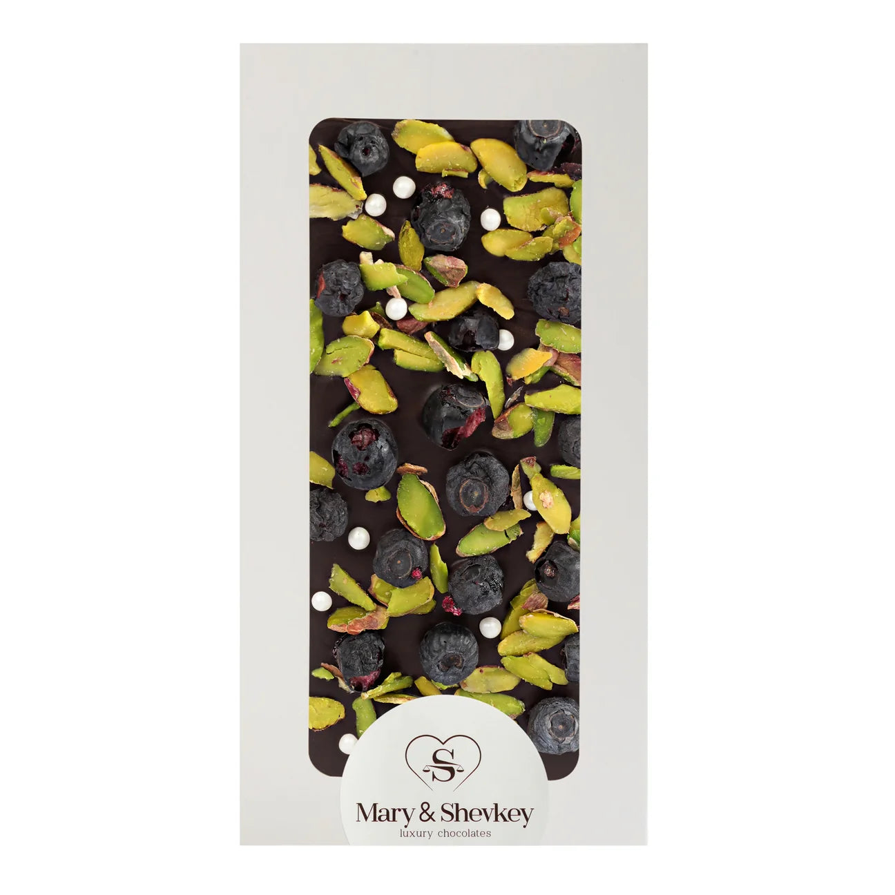 Couverture Chocolate Bar with Pumpkin Seed Pearls (Sugar), Pistachios and Blueberries, 115g