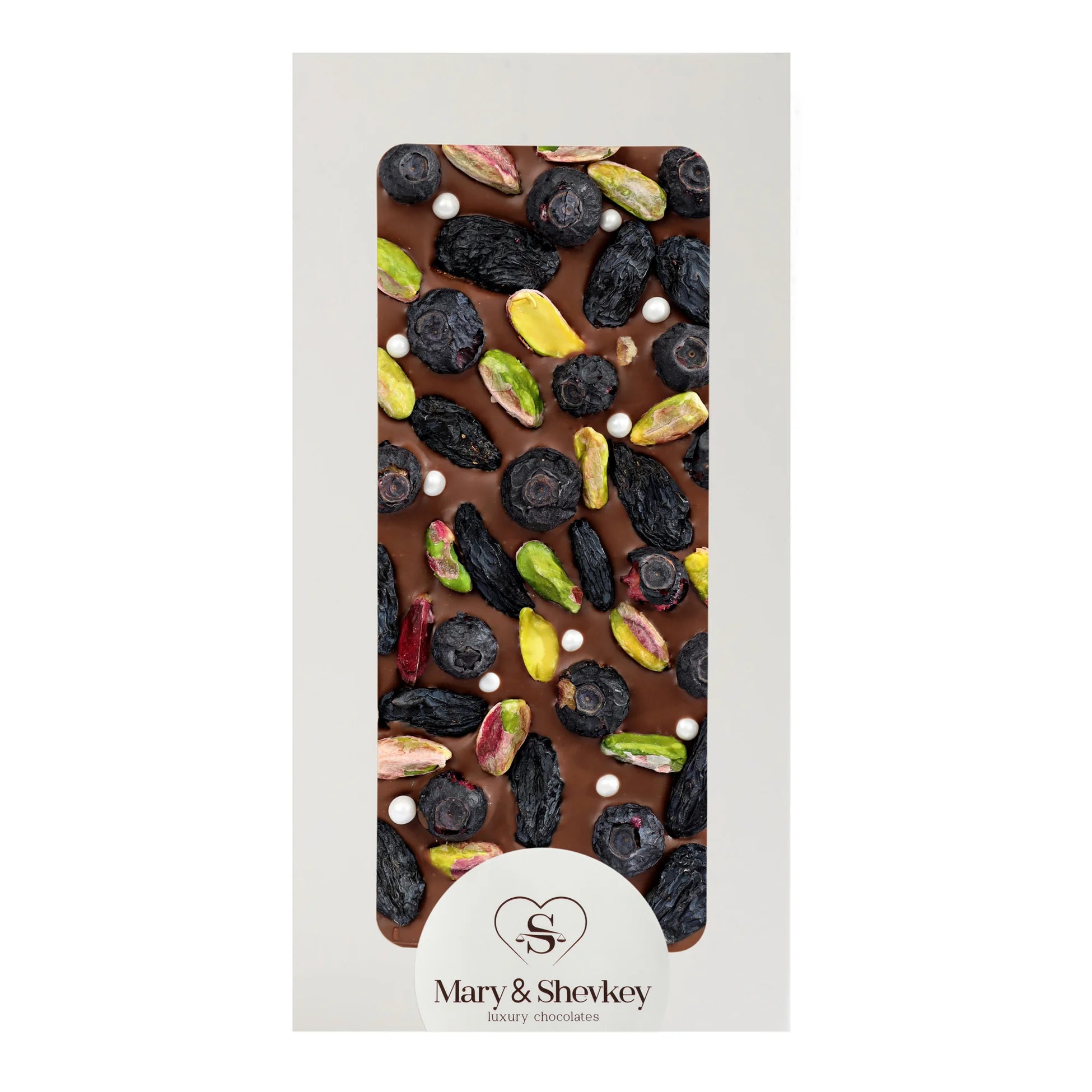 Couverture Chocolate Bar with Pumpkin Seed Pearls (Sugar), Pistachios and Blueberries, 115g