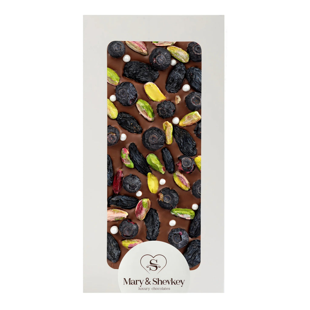Couverture Chocolate Bar with Pumpkin Seed Pearls (Sugar), Pistachios and Blueberries, 115g