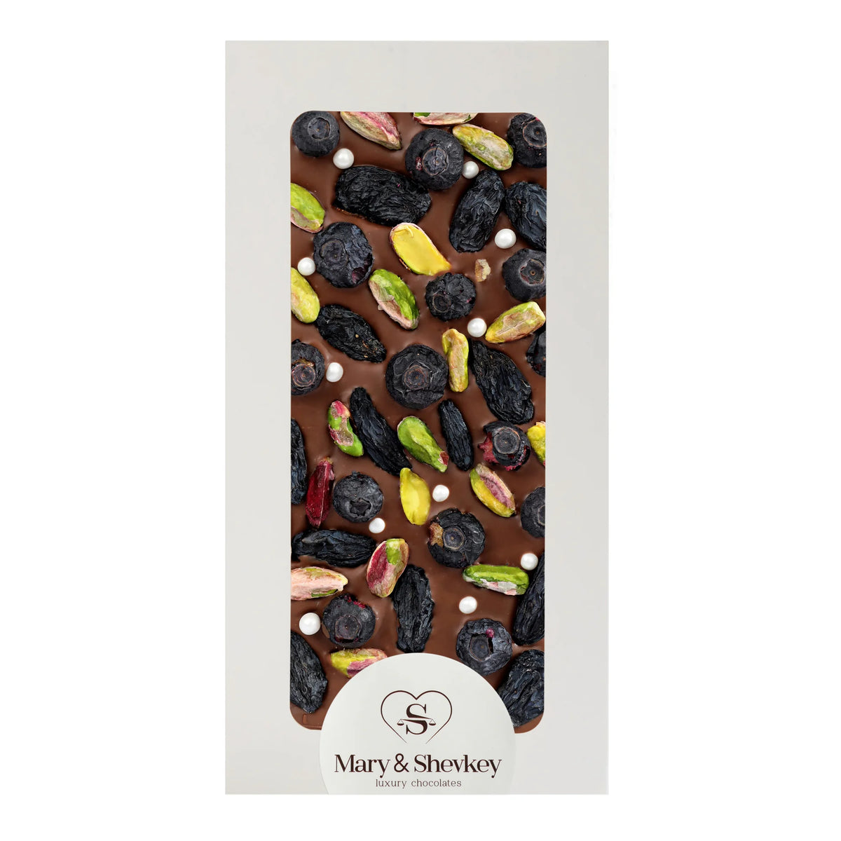 Barra de chocolate de cobertura con perlas de semillas de calabaza (azúcar), pistachos y arándanos, 115 g