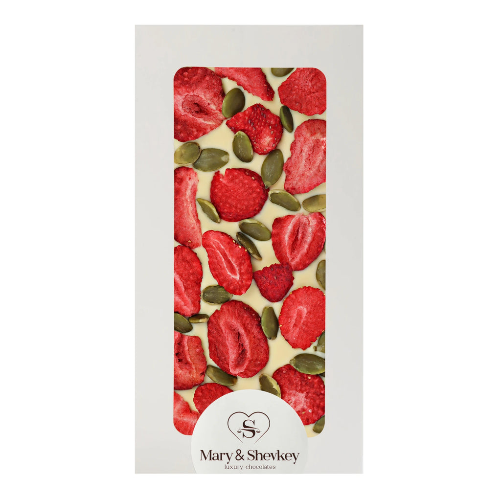 Couverture Chocolate Bar with Pumpkin Seed Pearls (Sugar) and Freeze-Dried Strawberries - Luxury Fruity Couverture Chocolate 115g