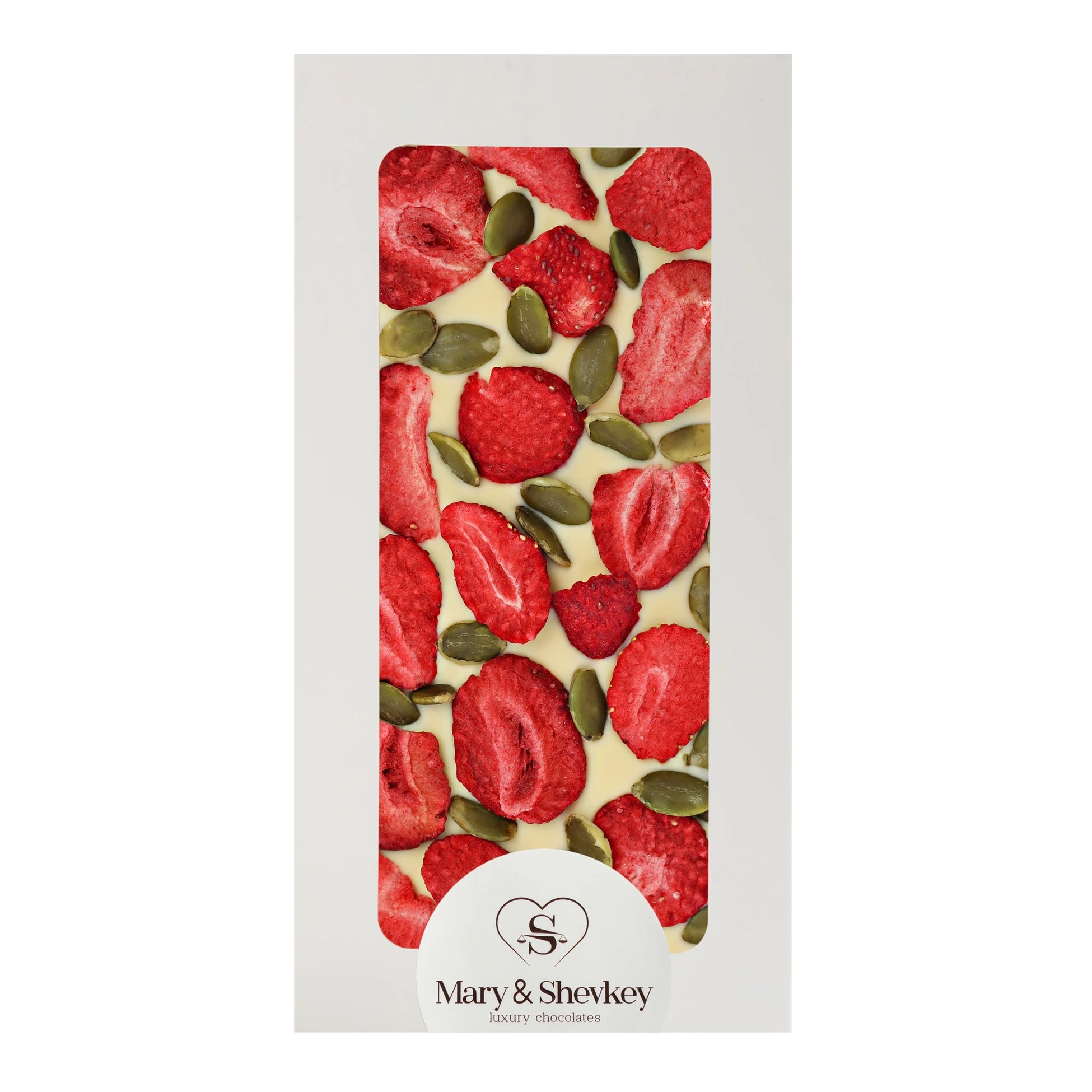 Couverture Chocolate Bar with Pumpkin Seed Pearls (Sugar) and Freeze-Dried Strawberries - Luxury Fruity Couverture Chocolate 115g