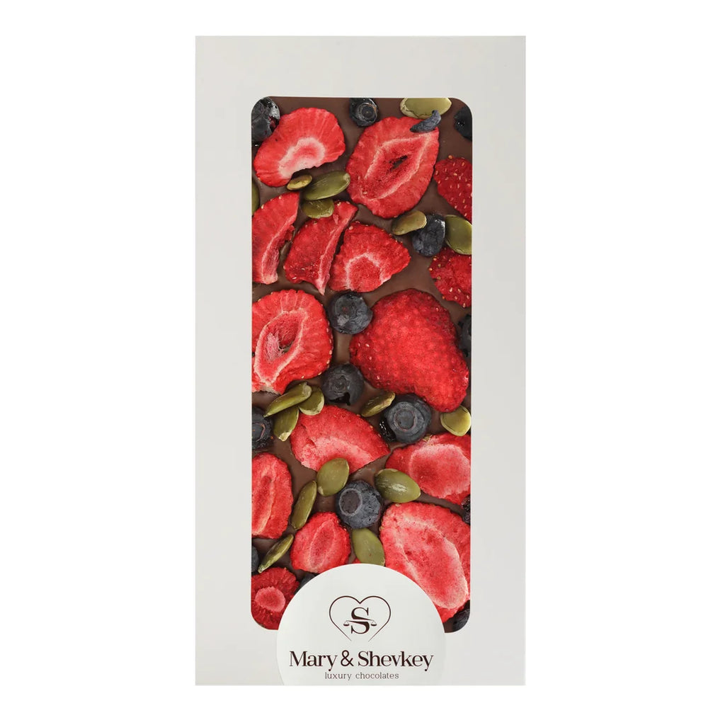 Couverture Chocolate Bar with Pumpkin Seeds, Blueberries and Strawberries (Freeze Dried) - Luxury Fruity Couverture Chocolate 115g