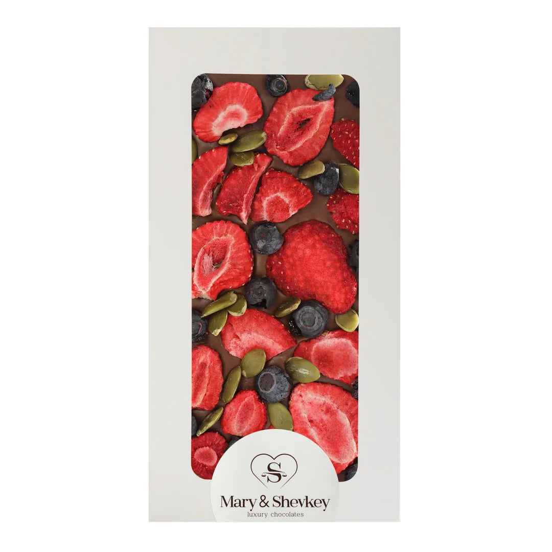 Couverture Chocolate Bar with Pumpkin Seeds, Blueberries and Strawberries (Freeze Dried) - Luxury Fruity Couverture Chocolate 115g
