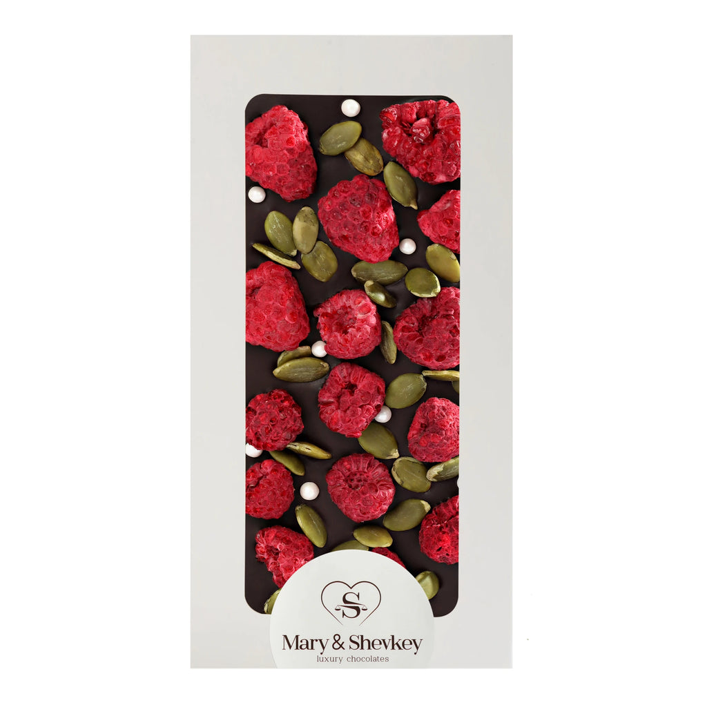 Couverture Chocolate Bar with Pumpkin Seed Pearls (Sugar) and Raspberry Flavor, Luxury Chocolate 115g