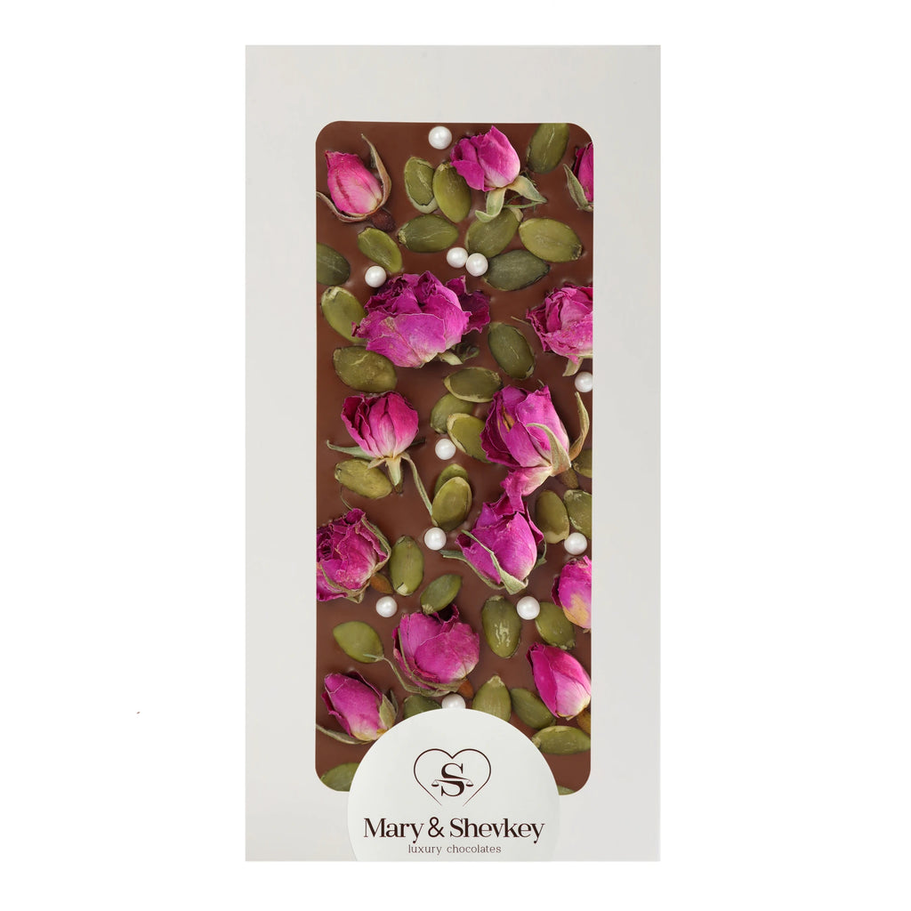Couverture Chocolate Bar with Rose Pearl (Sugar) and Pumpkin Seeds - Nutritious Luxury Couverture Chocolate 115g