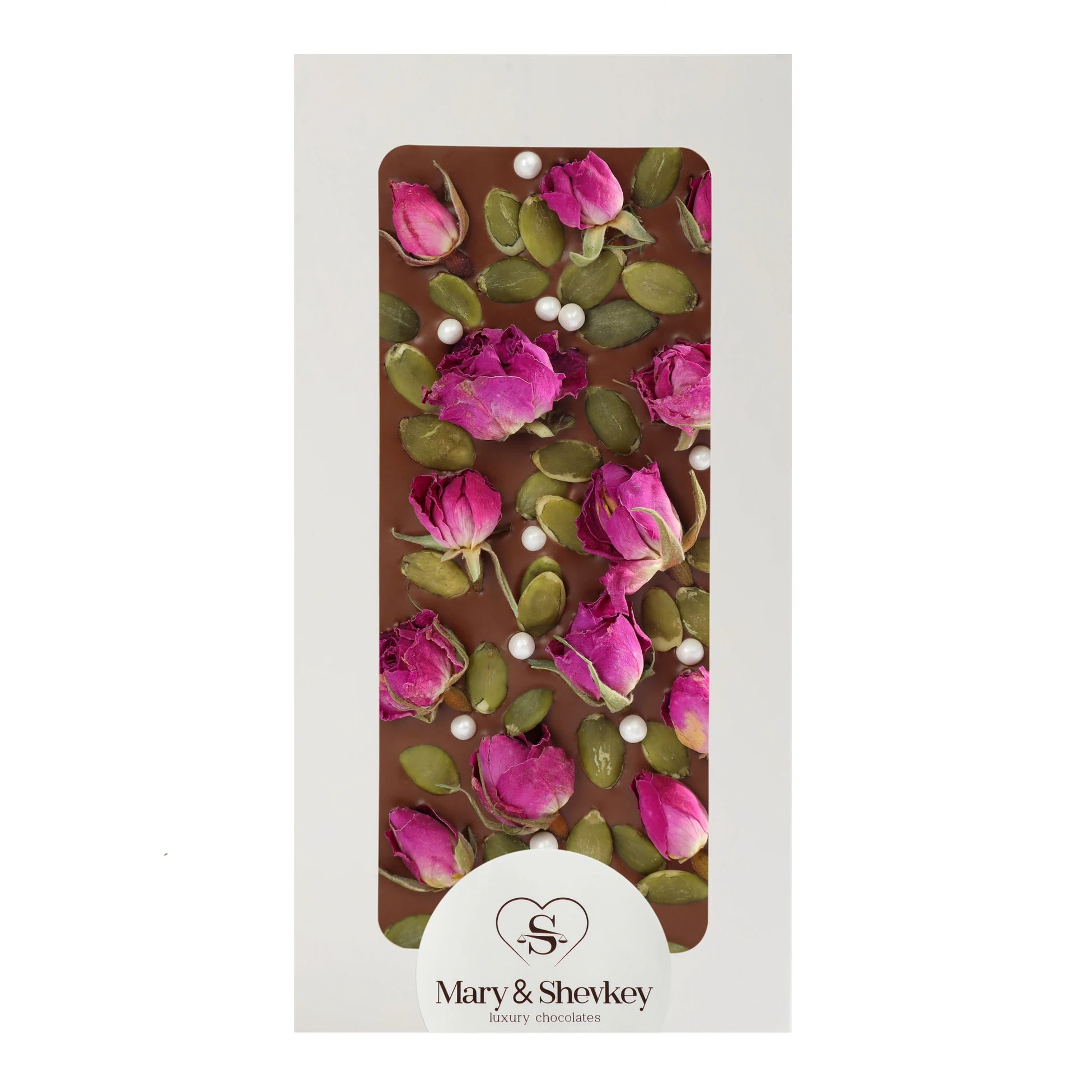 Couverture Chocolate Bar with Rose Pearl (Sugar) and Pumpkin Seeds - Nutritious Luxury Couverture Chocolate 115g