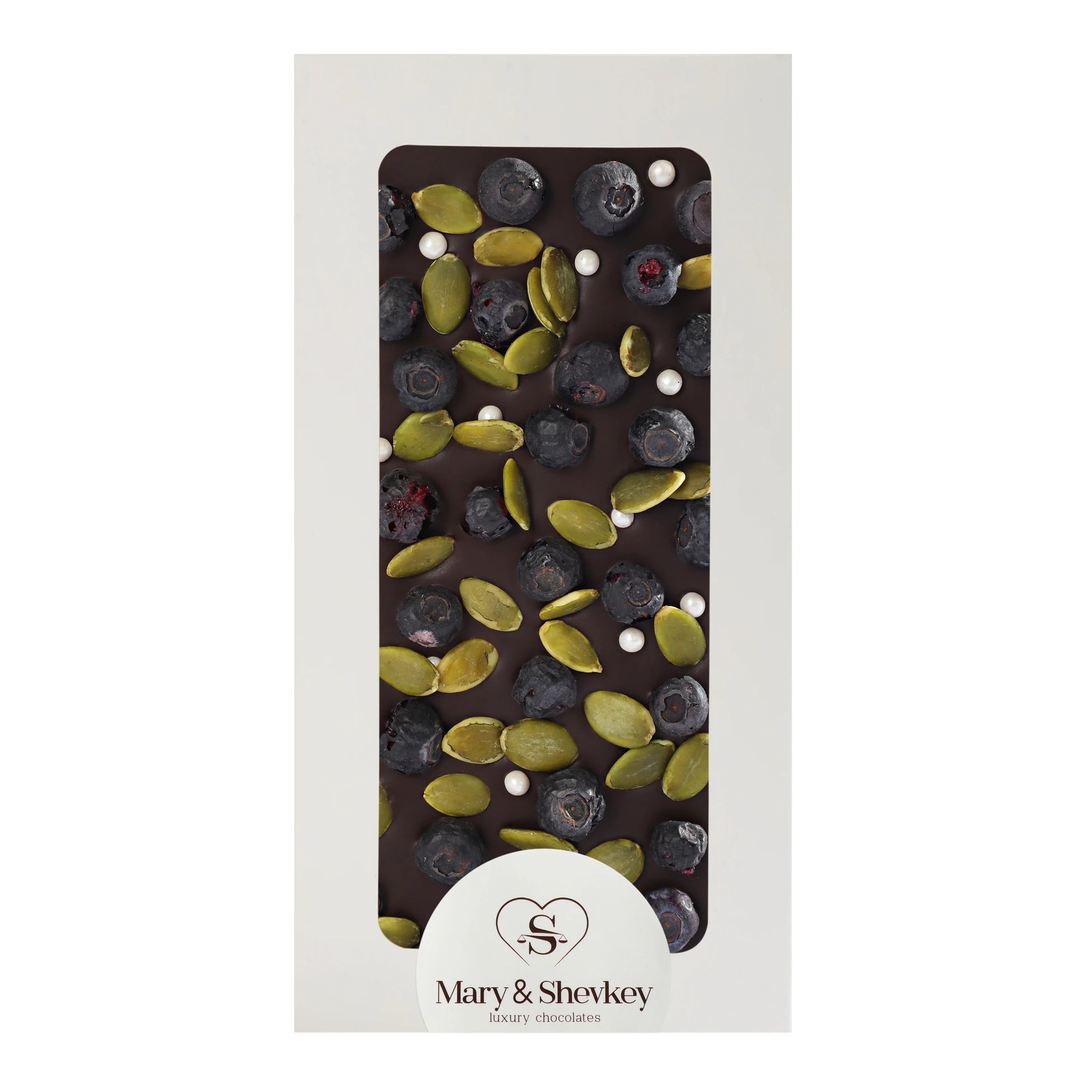 Couverture Chocolate Bar with Pumpkin Seed Pearls (Sugar) and Blueberry Flavored Chocolate 115g