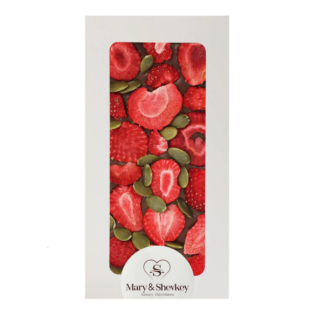 Couverture Chocolate Bar with Pumpkin Seed Pearls (Sugar) and Freeze-Dried Strawberries - Luxury Fruity Couverture Chocolate 115g