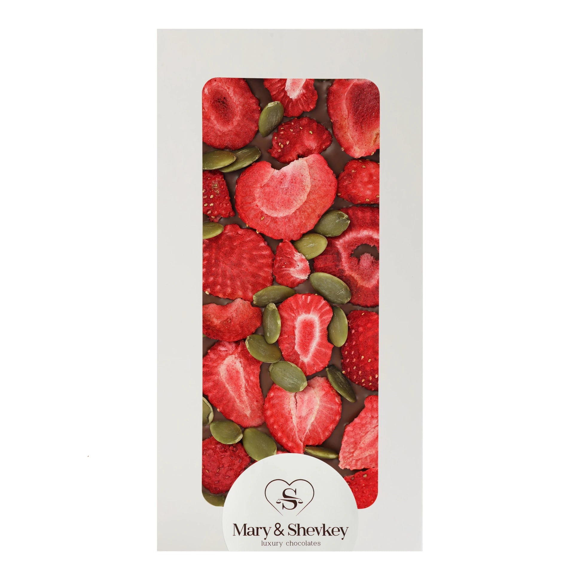 Couverture Chocolate Bar with Pumpkin Seed Pearls (Sugar) and Freeze-Dried Strawberries - Luxury Fruity Couverture Chocolate 115g