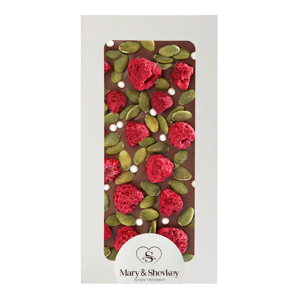 Couverture Chocolate Bar with Pumpkin Seed Pearls (Sugar) and Raspberry Flavor, Luxury Chocolate 115g