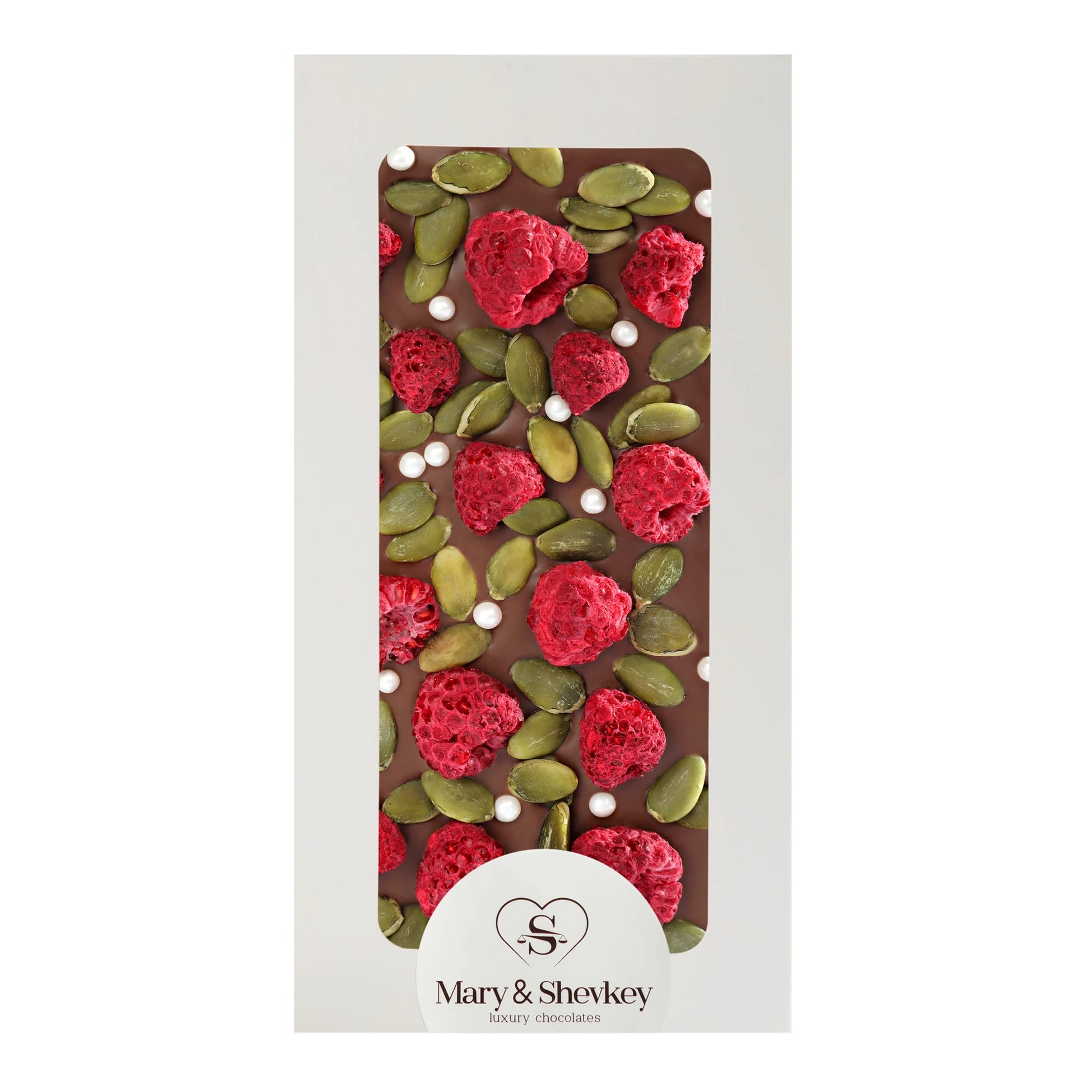 Couverture Chocolate Bar with Pumpkin Seed Pearls (Sugar) and Raspberry Flavor, Luxury Chocolate 115g